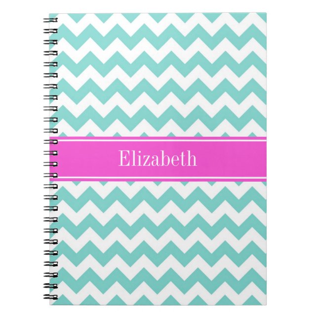 Turquoise Wht Chevron Hot Pink Name Monogram Spiral Notebook (Front)