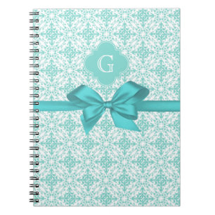 Turquoise Wht Damask #2 Turquoise Label Bow Spiral Notebook