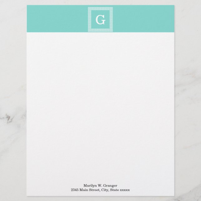 Turquoise Wht Greek Key Frame #1 Initial Monogram Personalized Letterhead (Front)
