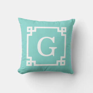 Turquoise Wht Greek Key Frame #2 Initial Monogram Cushion
