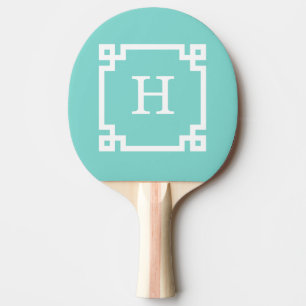 Turquoise Wht Greek Key Frame #2 Initial Monogram Ping Pong Paddle