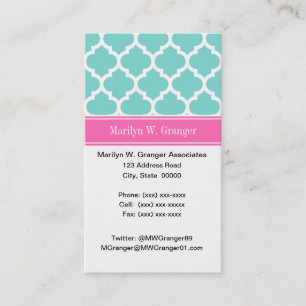 Turquoise Wht Moroccan #5 Hot Pink2 Name Monogram Business Card
