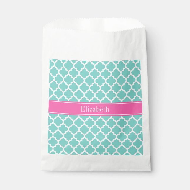 Turquoise Wht Moroccan #5 Hot Pink2 Name Monogram Favour Bags (Front)