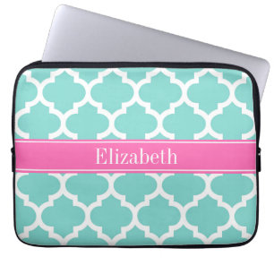 Turquoise Wht Moroccan #5 Hot Pink2 Name Monogram Laptop Sleeve