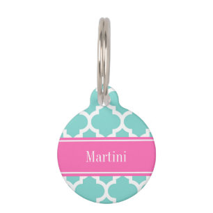 Turquoise Wht Moroccan #5 Hot Pink2 Name Monogram Pet Tag