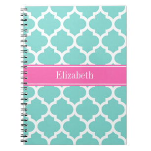 Turquoise Wht Moroccan #5 Hot Pink2 Name Monogram Spiral Notebook