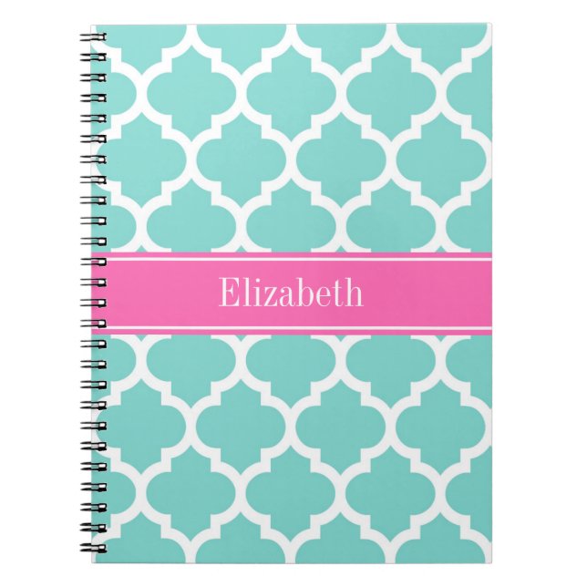 Turquoise Wht Moroccan #5 Hot Pink2 Name Monogram Spiral Notebook (Front)