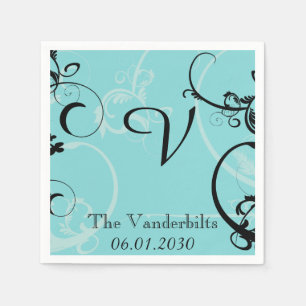 Turquoise with Black Flourish Monogram Wedding Napkin