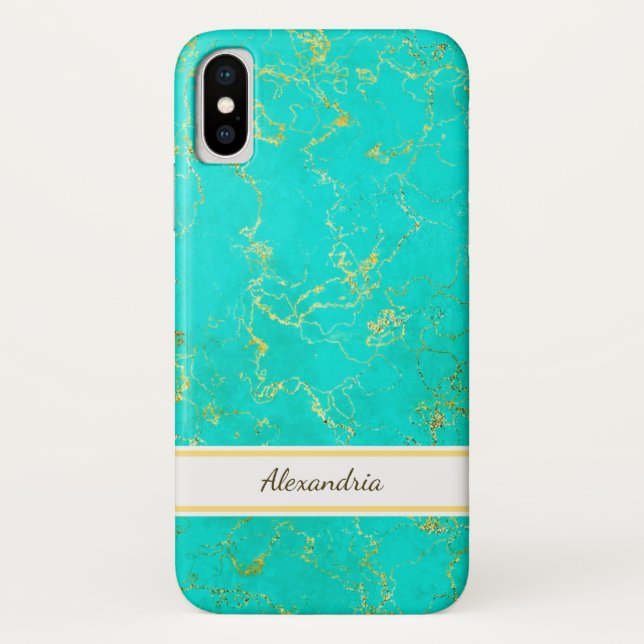 Turquoise With Gold Veins Stone Pattern and Name Case-Mate iPhone Case (Back)