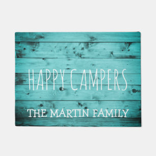 Turquoise Wood Rustic Weathered Name Happy Campers Doormat