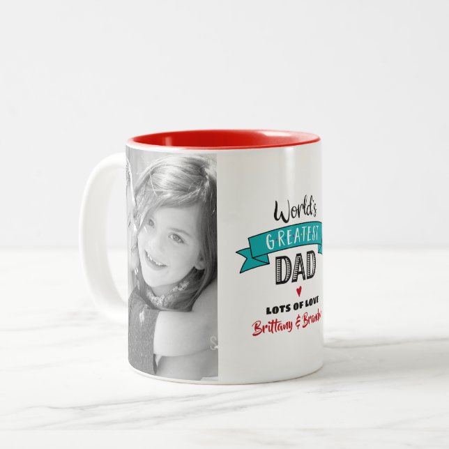 Turquoise World’s Greatest Dad 2 Photo Bold Modern Two-Tone Coffee Mug (Front Left)