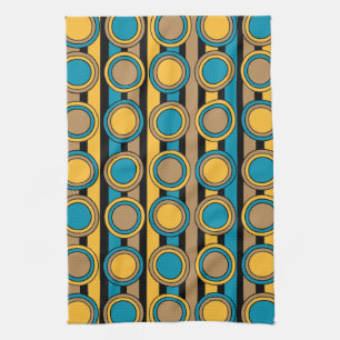Turquoise, yellow and brown retro circle stripes tea towel