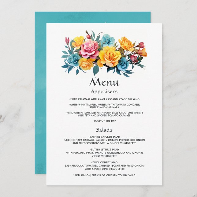 Turquoise, Yellow and Pink Floral Wedding Menu (Front/Back)