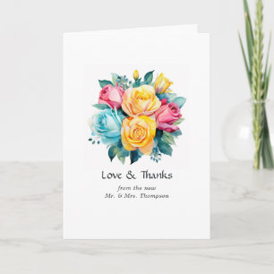 Turquoise, Yellow and Pink Floral Wedding Photo Thank You Card