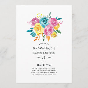 Turquoise, Yellow, and Pink Floral Wedding Programme