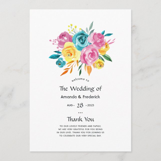 Turquoise, Yellow, and Pink Floral Wedding Programme (Front)