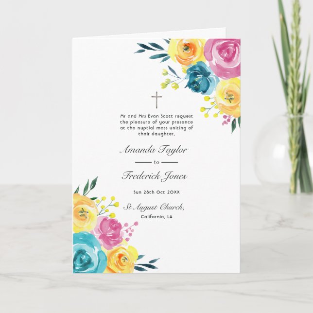 Turquoise, Yellow and Pink Floral Wedding Programme (Front)