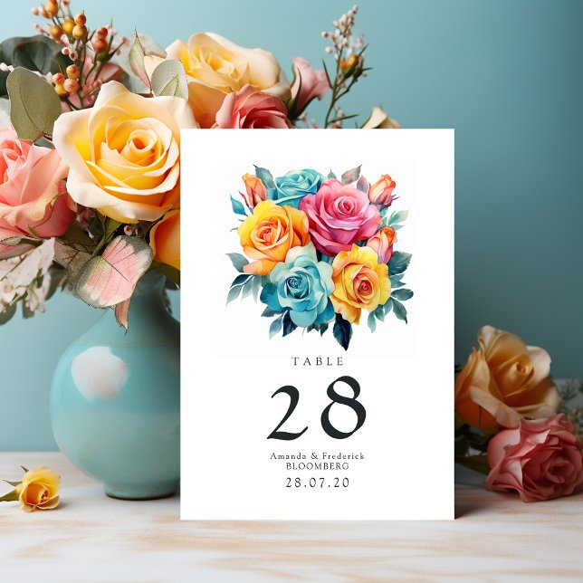 Turquoise, Yellow and Pink Floral Wedding Table Number (Creator Uploaded)