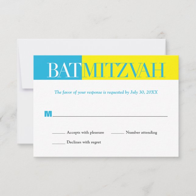 Turquoise Yellow Block Bat Mitzvah Reply RSVP Card (Front)