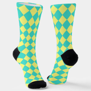 Turquoise Yellow Chequered Diamond Pattern Socks