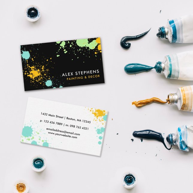 Turquoise Yellow Green Black Paint Splatter Business Card (Creator Uploaded)