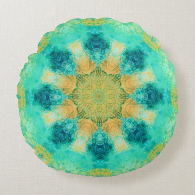 turquoise & yellow mandala | kaleidoscope pattern round cushion (Front)