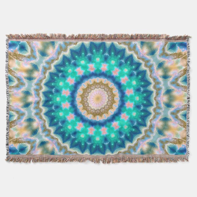 Turquoise yellow mandala throw blanket (Front)