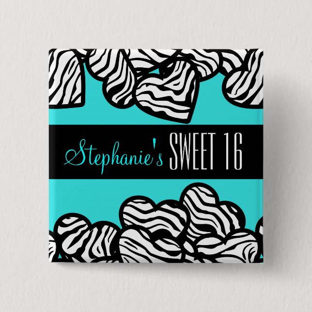 Turquoise zebra heart Sweet 16 Birthday Button (Front)