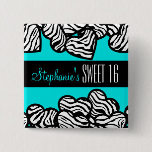 Turquoise zebra heart Sweet 16 Birthday Button