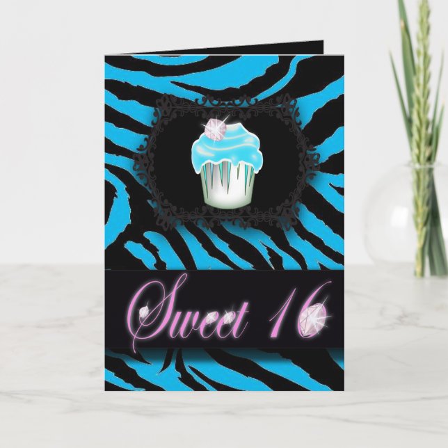 Turquoise Zebra print Sweet 16 Card (Front)