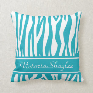 Turquoise Zebra Print with custom text Cushion