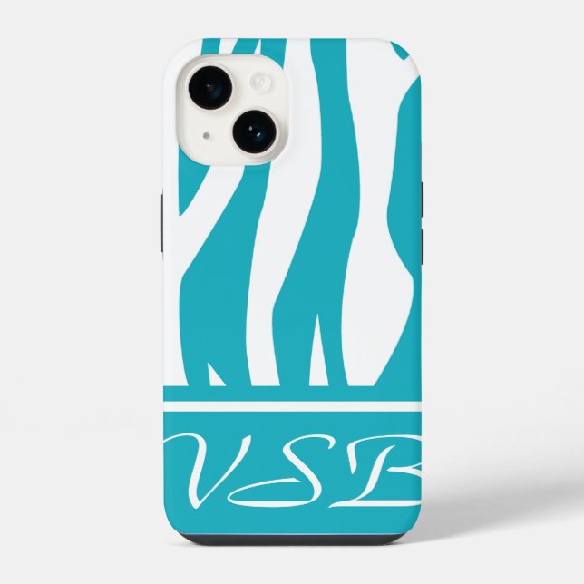 Turquoise Zebra Print with monogram iPhone Case (Back)