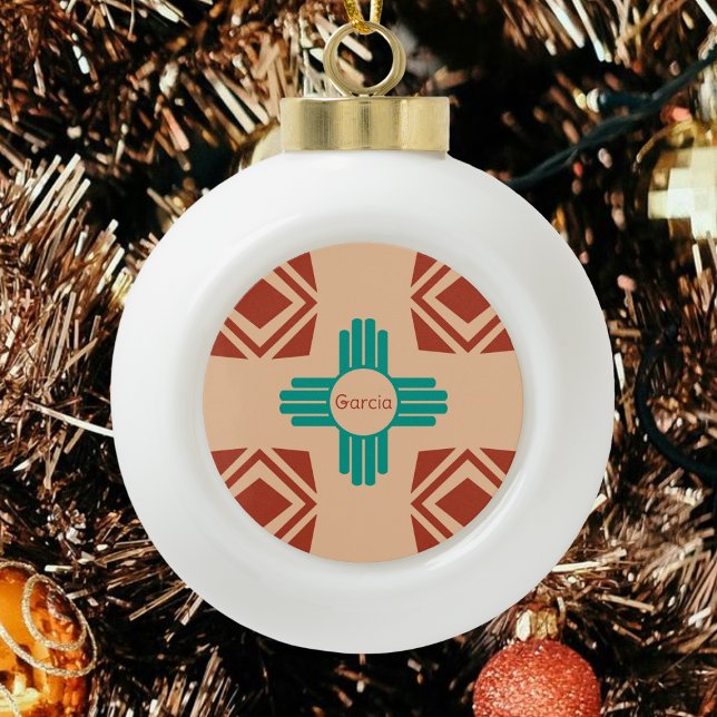 Turquoise Zia Tribal Brown Tan Ceramic Ball Christmas Ornament (Creator Uploaded)
