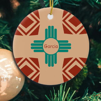 Turquoise Zia Tribal Brown Tan Ceramic Tree Decoration