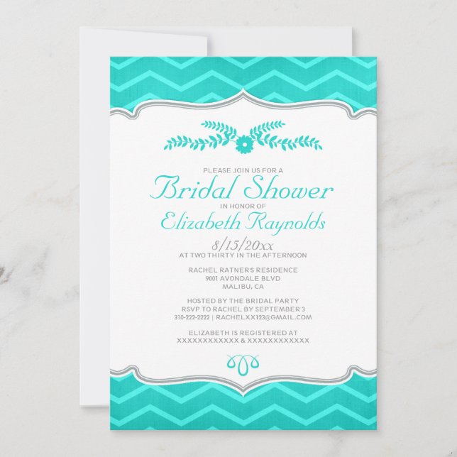 Turquoise Zigzag Bridal Shower Invitations (Front)