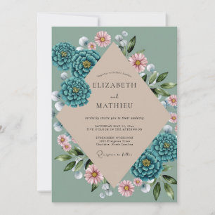 Turquoise Zinnia Sage Eucalyptus Wedding Invitation