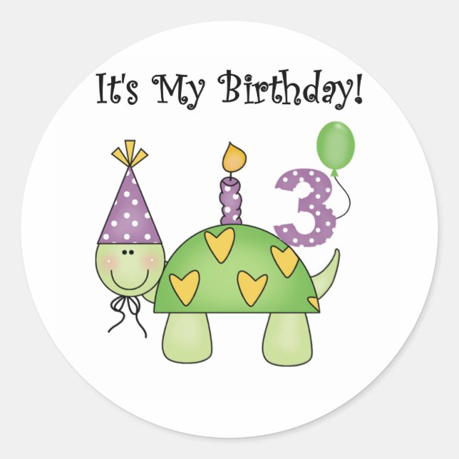 Turtle 3rd Birthday Tshirts and Gifts Classic Round Sticker (Front)