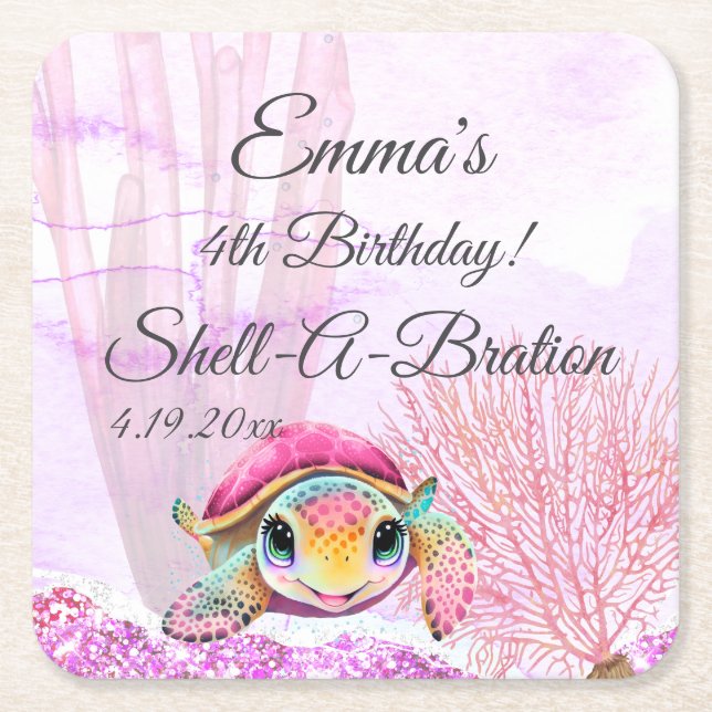 Turtle 4th Birthday, Under the Sea Square Paper Coaster (Front)