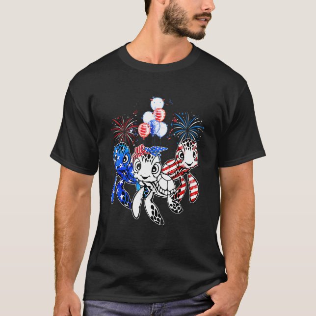 Turtle American Flag Colours Turtle Firework 4th O T-Shirt (Front)