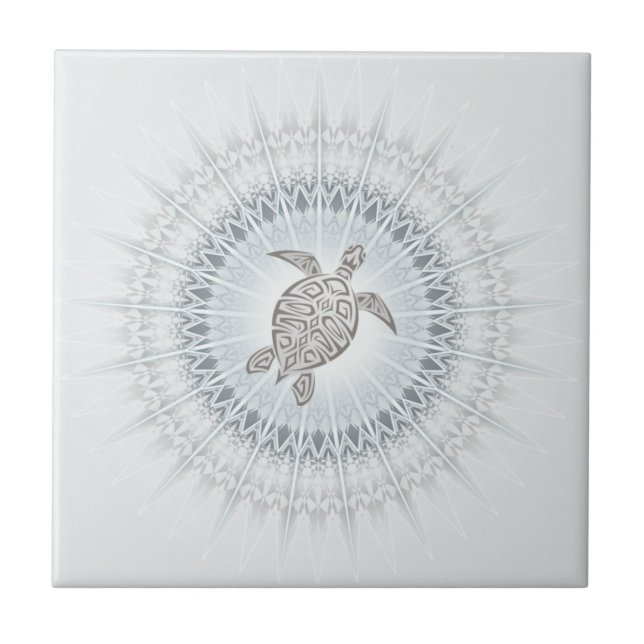 Turtle And Mandala Grayish Blue Taupe Tile (Front)