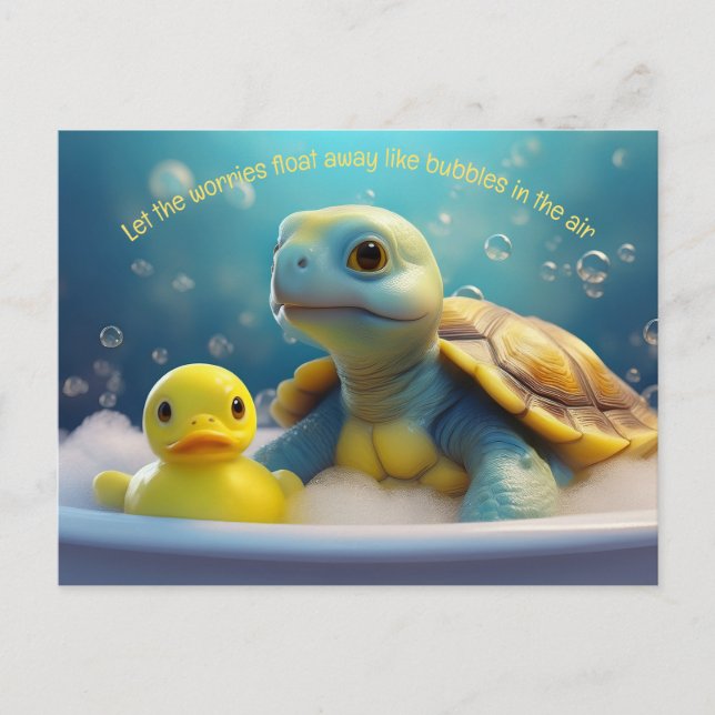 Turtle and Rubber Duck in the Bath Custom Text Postcard (Front)