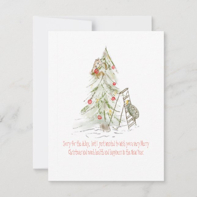 Turtle and Squirrel With a Late Christmas Tree Holiday Card (Front)