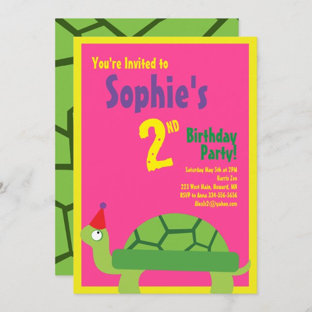 Turtle Animal Kid's Birthday Party Invitations (Front/Back)