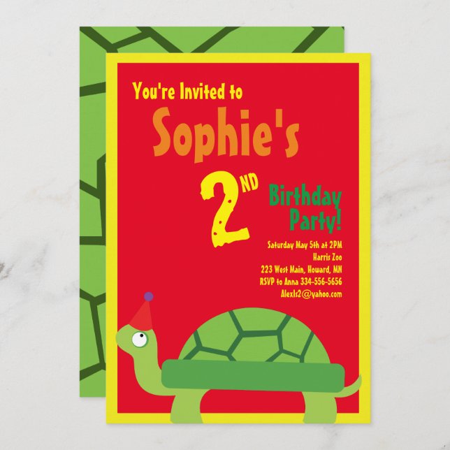 Turtle Animal Kid's Birthday Party Invitations (Front/Back)