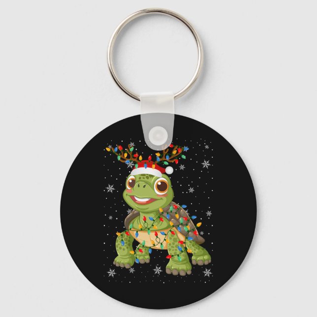 Turtle Animal Santa Hat Ugly Christmas Tree Lights Key Ring (Front)