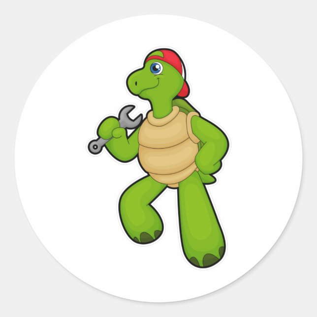 Turtle as Mechanic with Wrench & Cap Classic Round Sticker (Front)
