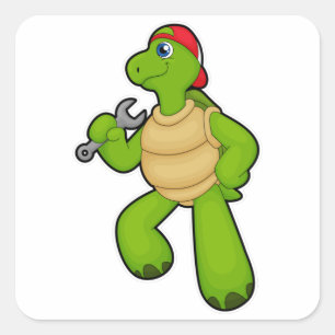 Turtle as Mechanic with Wrench & Cap Square Sticker