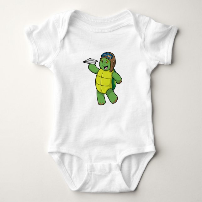 Turtle as Pilot with Paper plane Baby Bodysuit (Front)