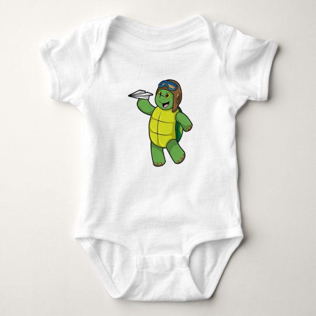 Turtle as Pilot with Paper plane Baby Bodysuit (Front)