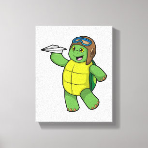Turtle as Pilot with Paper plane Canvas Print